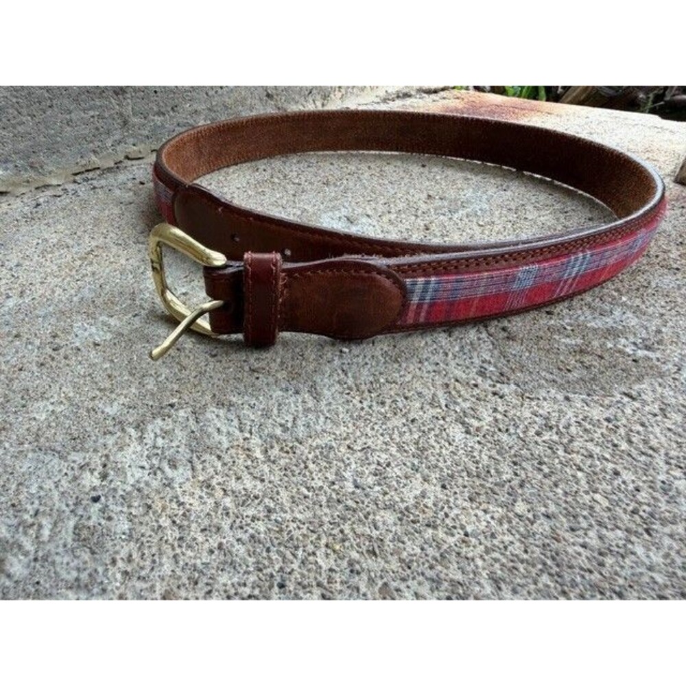 Vintage Talbots brown leather & plaid fabric adjustable belt (38" Long) / USA